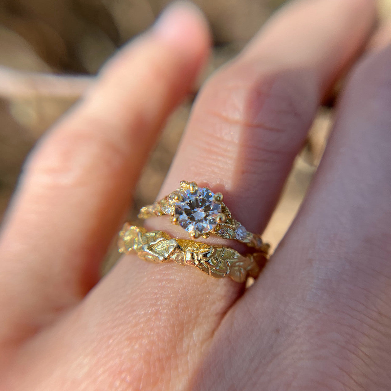14K Yellow Gold Juniper Diamond Solitaire Ring and Laurel Crown Ring