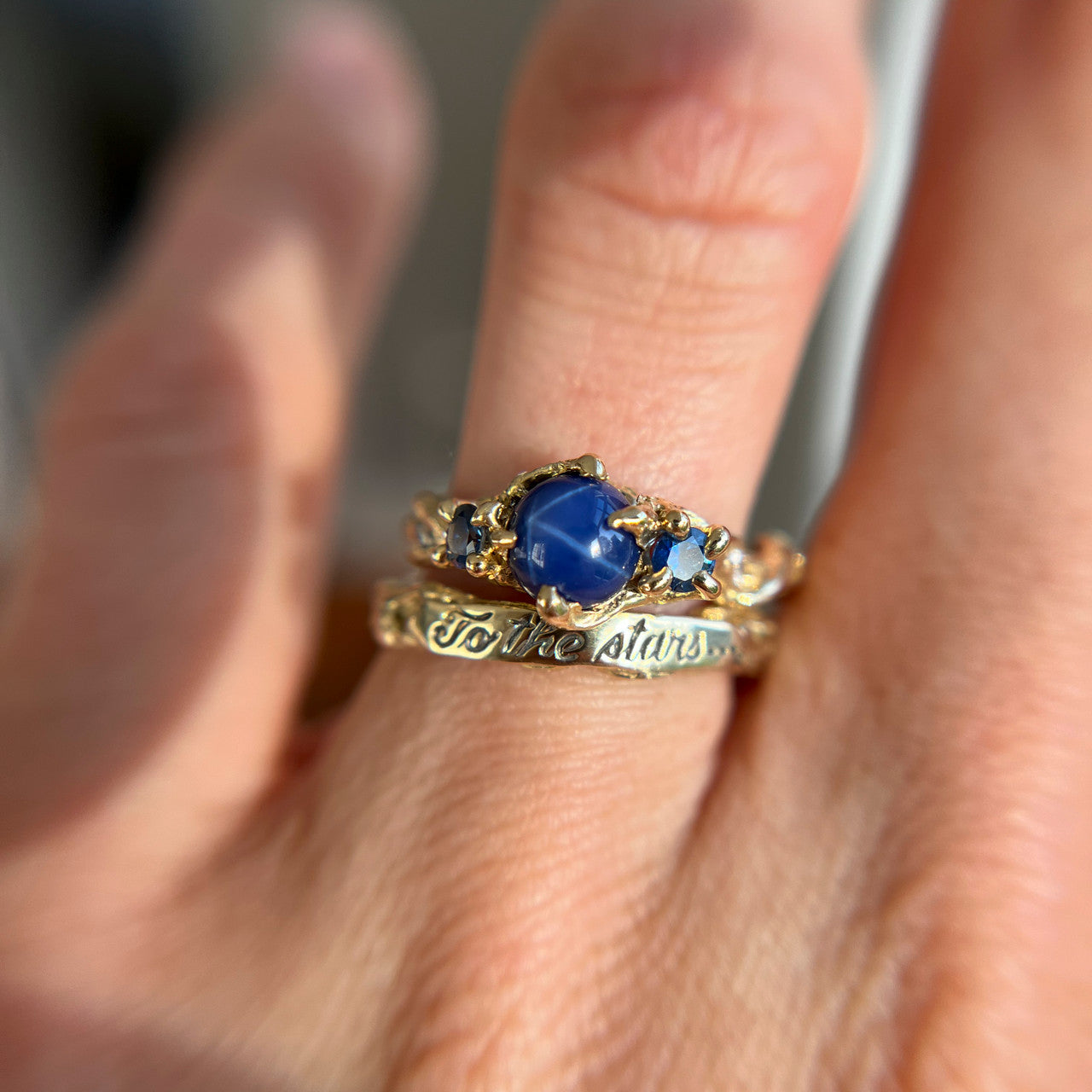 14K Yellow Gold Woodland Star Sapphire Three Stone Ring and To The Stars Signet Ring