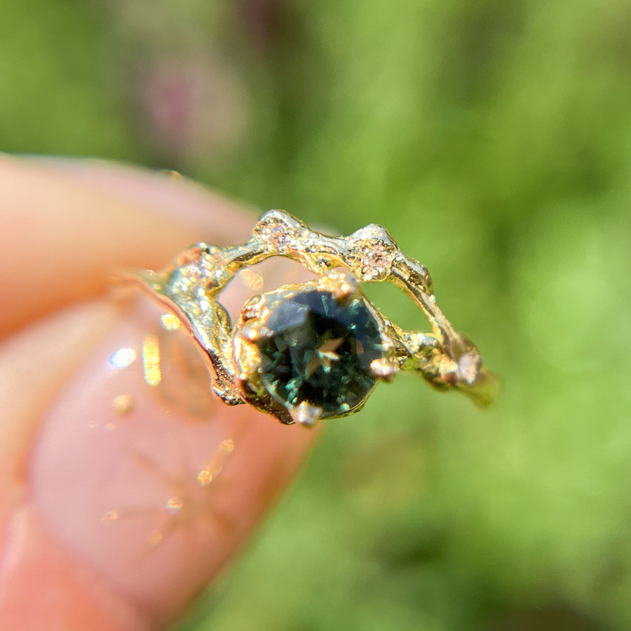 14K Yellow Gold Demi Naples Green Montana Sapphire Half Halo Ring