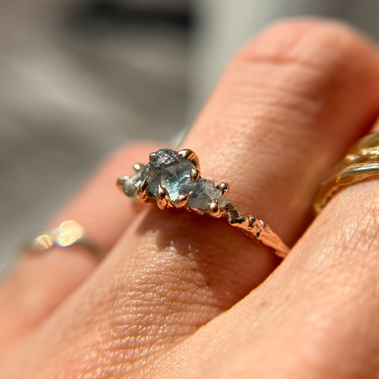 14K Rose Gold Naples Montana Sapphire Three Stone Ring