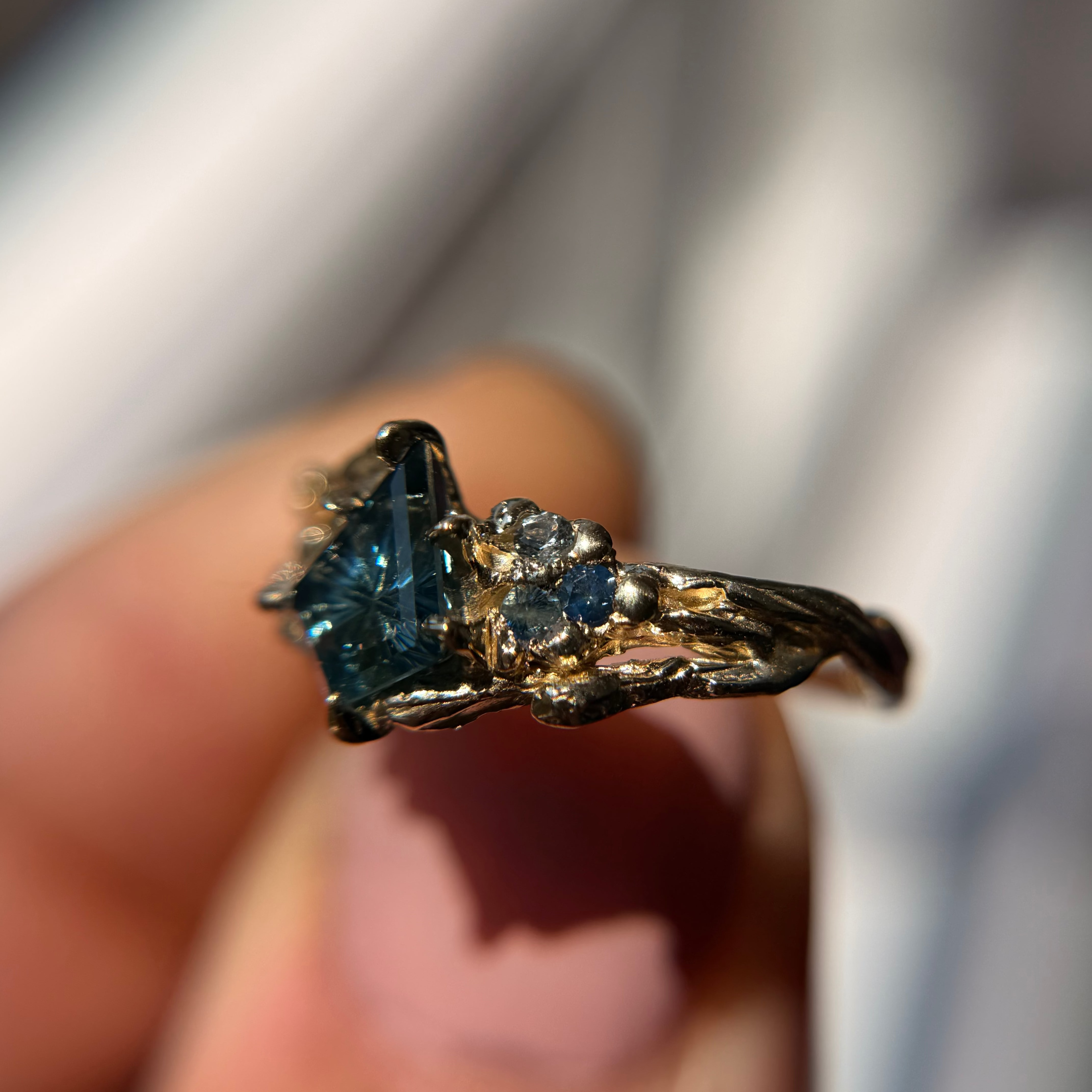 OOAK - Feyre Cluster Ring with a Celestial Blue Australian Sapphire Starbrite™ Cut by John Dyer