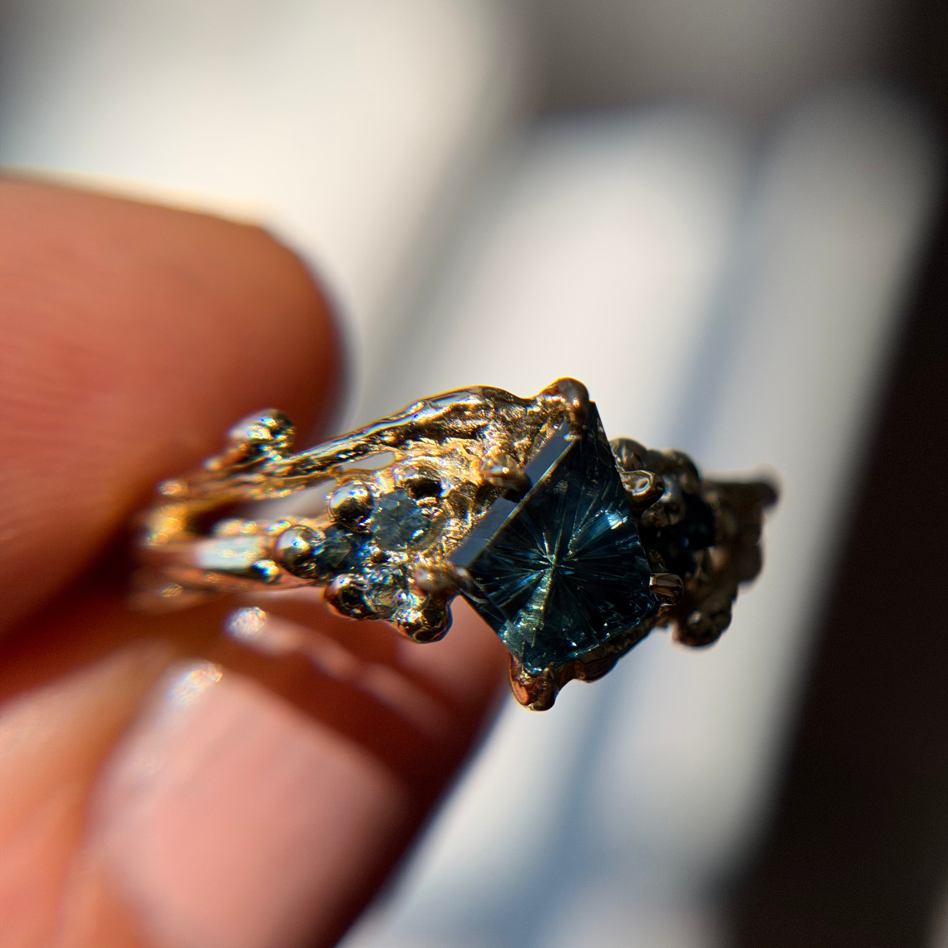 OOAK - Feyre Cluster Ring with a Celestial Blue Australian Sapphire Starbrite™ Cut by John Dyer