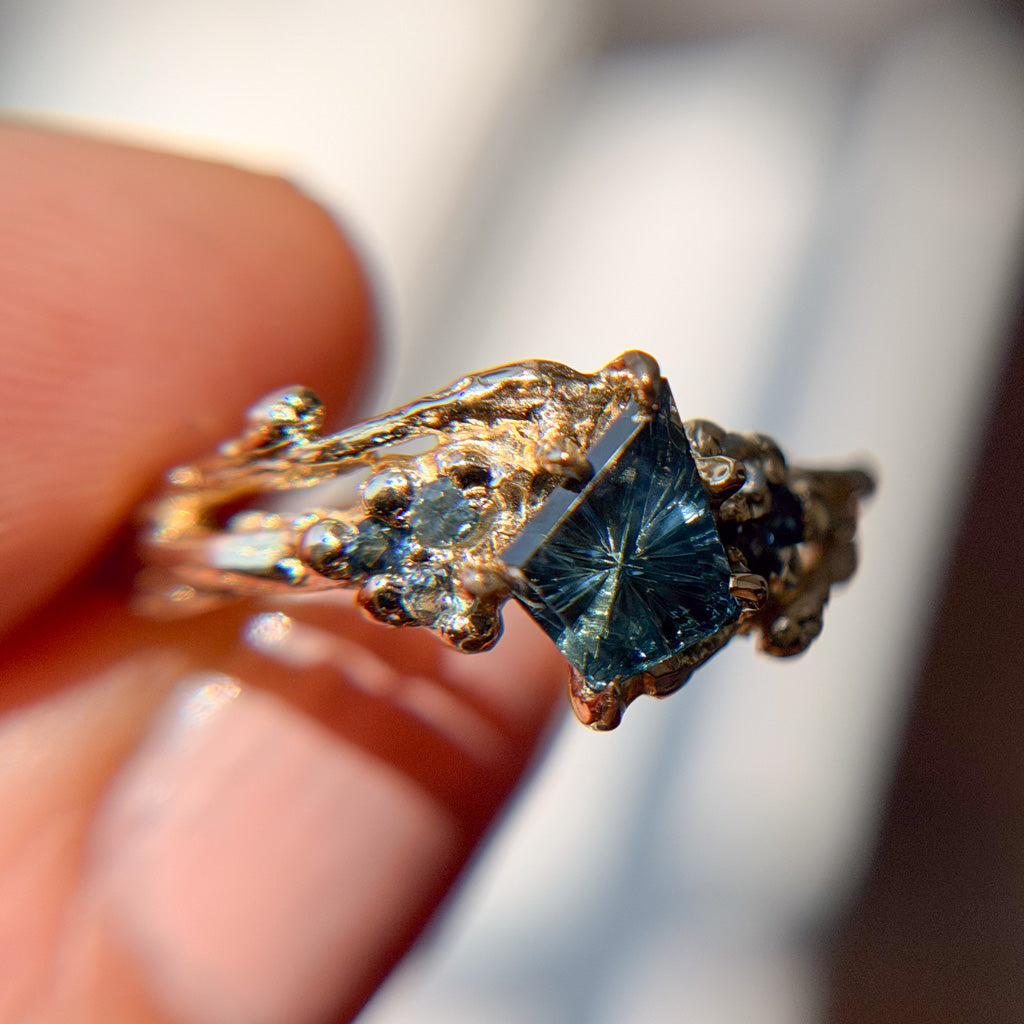 OOAK - Feyre Cluster Ring with a Celestial Blue Australian Sapphire Starbrite™ Cut by John Dyer