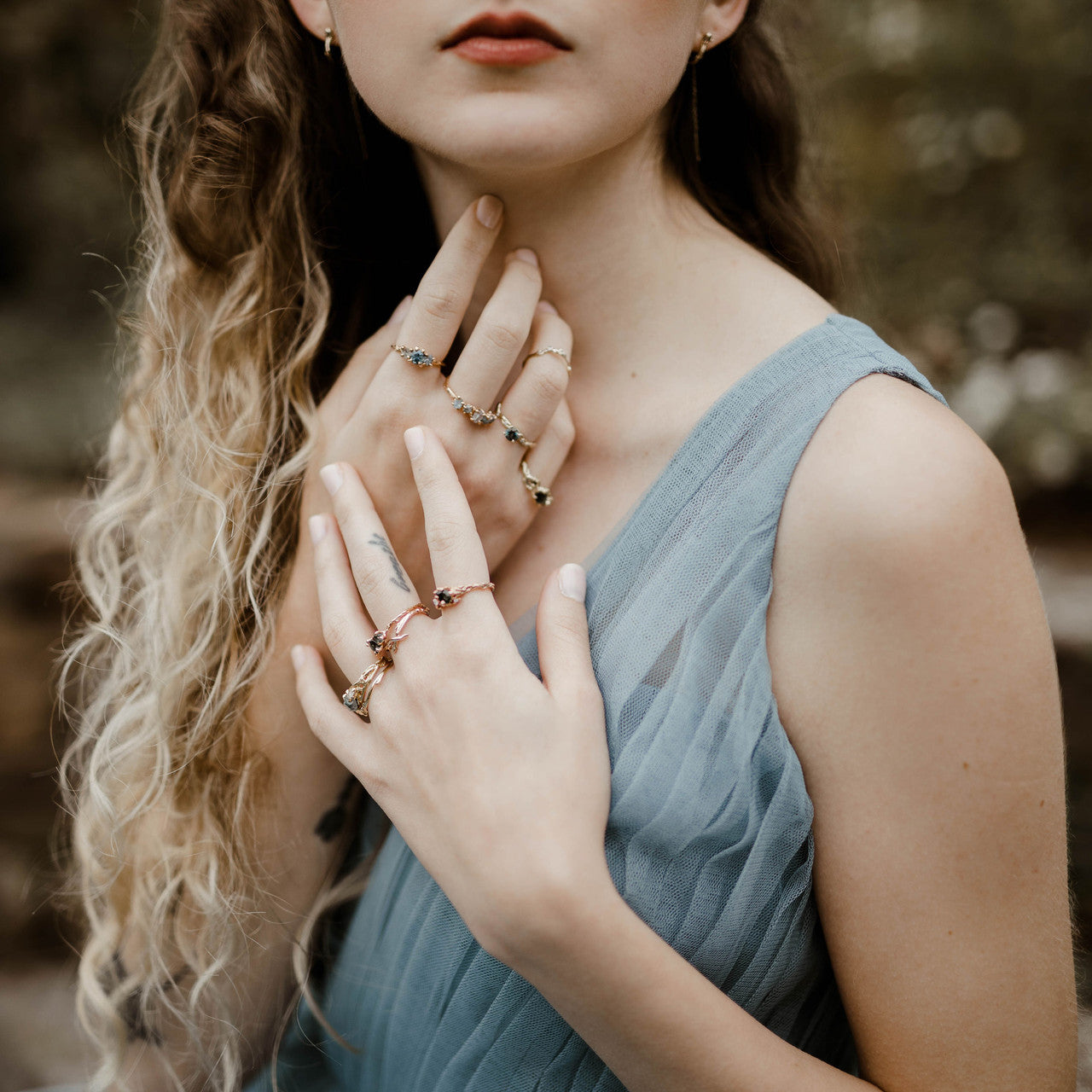 14K Rose Gold Garland Rough Montana Sapphire Five Stone Ring by Olivia Ewing Jewelry