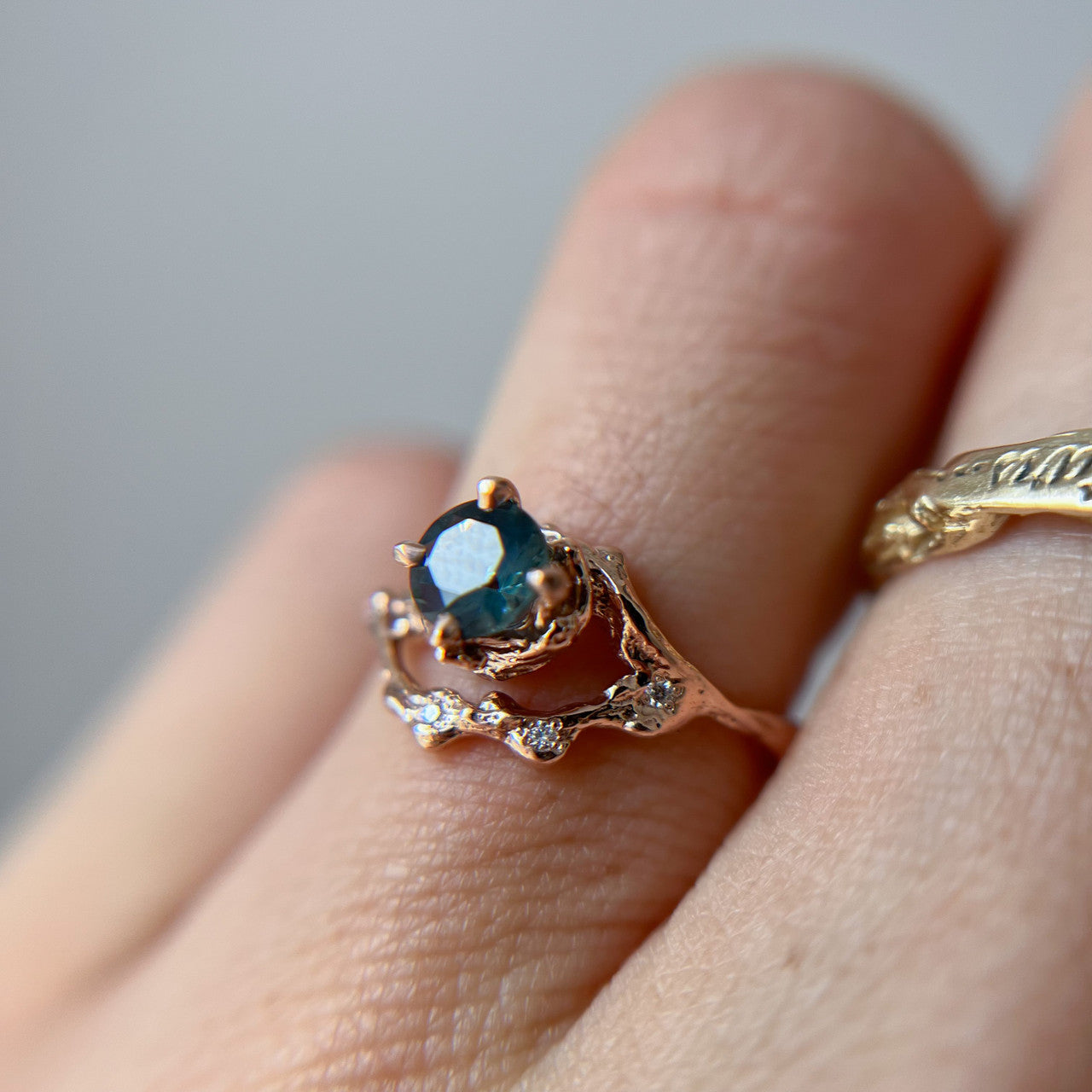14K Rose Gold Demi Naples Dark Teal Montana Sapphire Half Halo Ring by Olivia Ewing Jewelry
