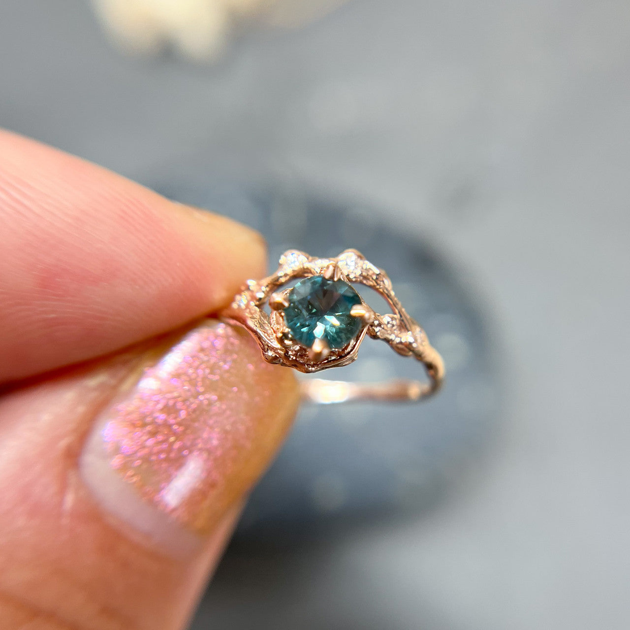 14K Rose Gold Demi Naples Dark Teal Montana Sapphire Half Halo Ring by Olivia Ewing Jewelry