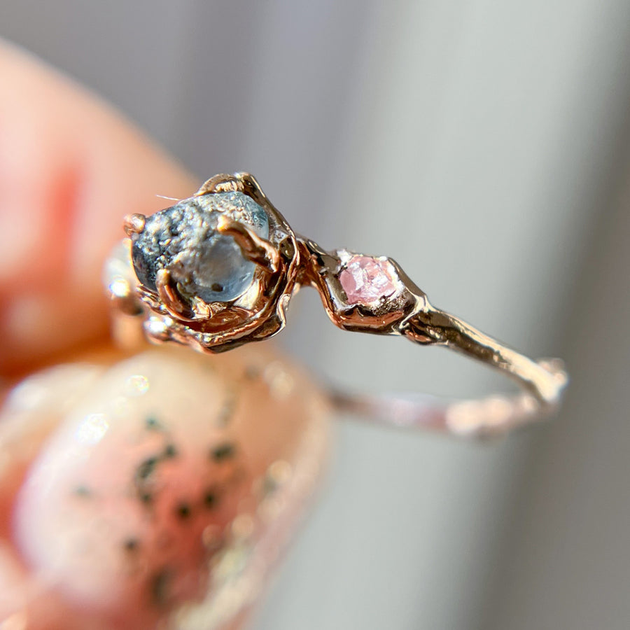14K Rose Gold Demi Naples Rough Montana Sapphire Trio Ring with Pink Sapphire side stones