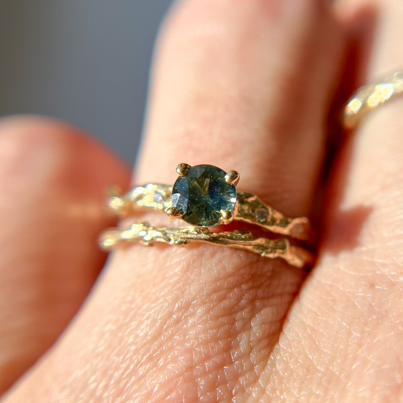 14K Yellow Gold Naples Twisted Teal Montana Sapphire Solitaire Ring and Naples Ring