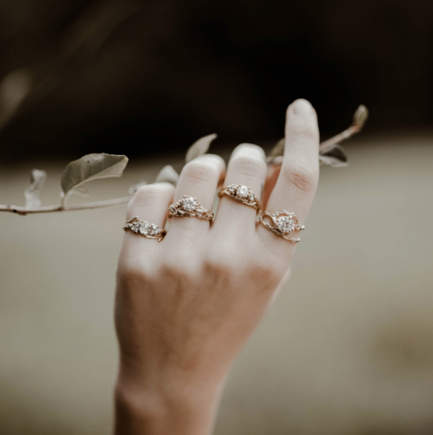 editorial twig multi rings hand holds a twig with multiple spiritually important diamond rings