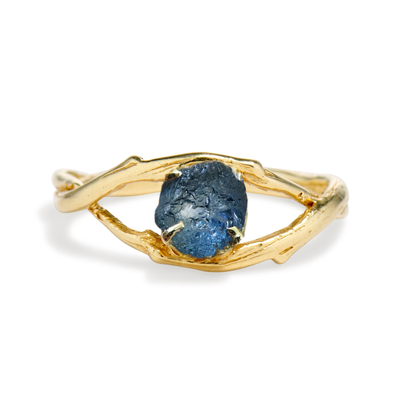yellow gold blue sapphire engagement ring with nature inspired band